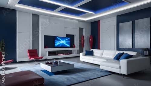 High end modern living room with white leather couch and a large flat screen tv mounted on the wall, brutalist architecture mixed with modern futuristic minimal design