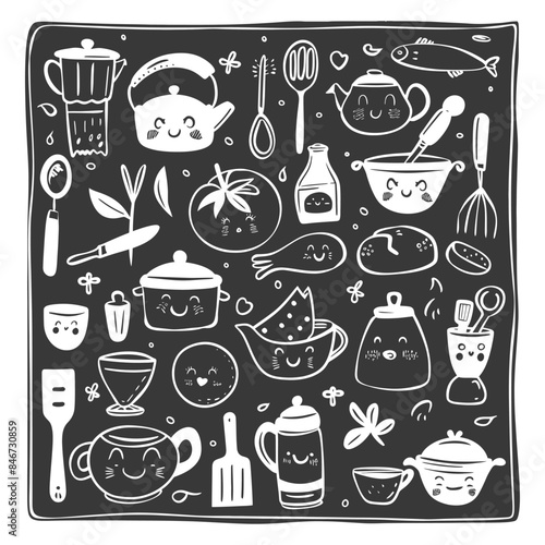 Kawaii Kitchenware Doodles: Hand-Drawn Utensils on Chalkboard.