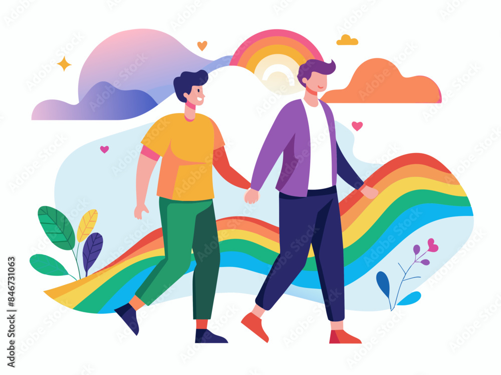 LGBTQ+ Couple Walking Hand in Hand with Abstract Background - Vector Illustration LGBTQ+ Couple Walking Hand in Hand with Abstract Background - Vector Illustration