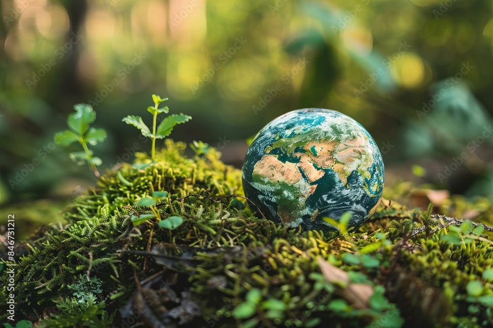Globe on grass moss in forest. Healthy environment and ecosystem concept. Globe on grass moss in forest. Healthy environment and ecosystem concept.