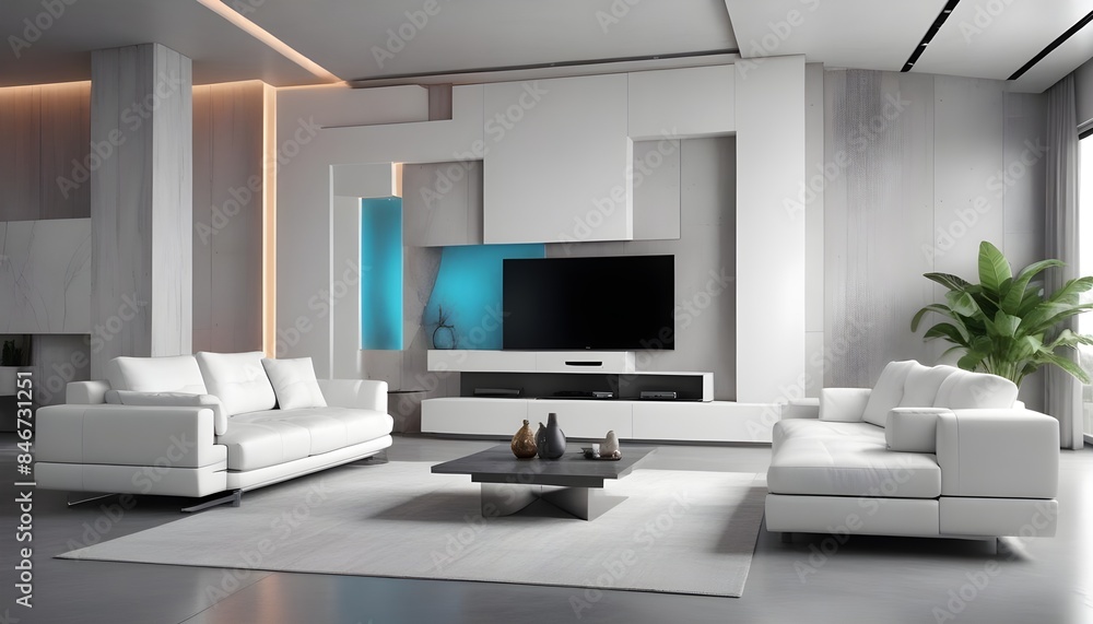 High end modern living room with white leather couch and a large flat screen tv mounted on the wall, brutalist architecture mixed with modern futuristic minimal design High end modern living room with white leather couch and a large flat screen tv mounted on the wall, brutalist architecture mixed with modern futuristic minimal design