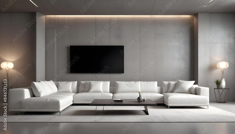 High end modern living room with white leather couch and a large flat screen tv mounted on the wall, brutalist architecture mixed with modern futuristic minimal design High end modern living room with white leather couch and a large flat screen tv mounted on the wall, brutalist architecture mixed with modern futuristic minimal design