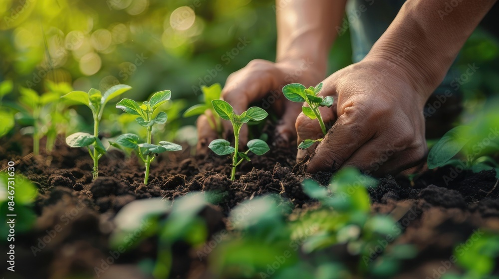 Fototapeta premium Agribusiness. Seeds are planted by farmer hands. Plant agriculture concept for business. Beginning of the seasonal agricultural work is farmer hands planting seeds in the suburbs.
