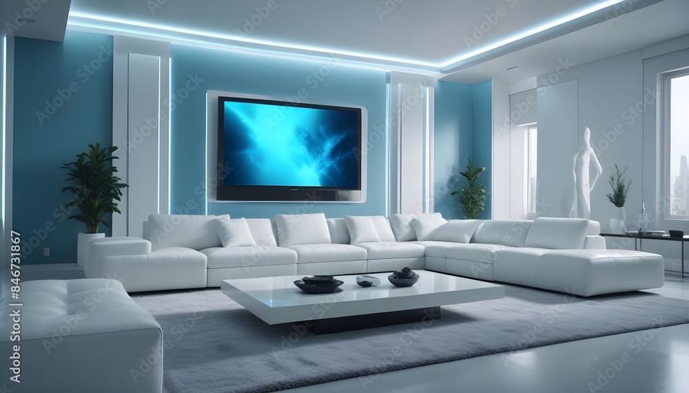 High end modern living room with white leather couch and a large flat screen tv mounted on the wall, brutalist architecture mixed with modern futuristic minimal design High end modern living room with white leather couch and a large flat screen tv mounted on the wall, brutalist architecture mixed with modern futuristic minimal design