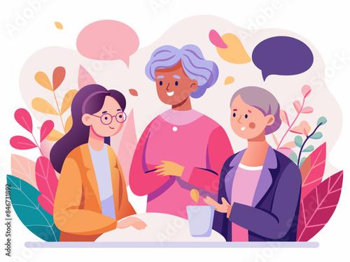 Elderly Woman Chatting with Friends with Abstract Background - Vector Illustration