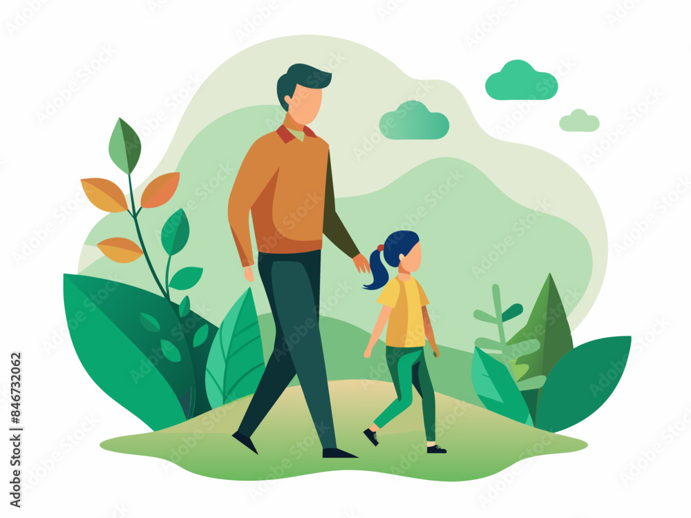 Father and Daughter Taking a Walk with Abstract Background - Vector Father and Daughter Taking a Walk with Abstract Background - Vector