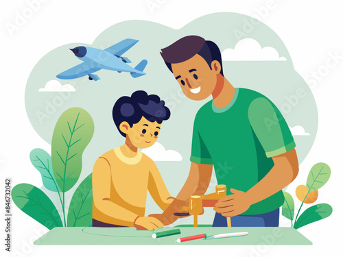 Father and Son Building a Model Airplane with Abstract Background