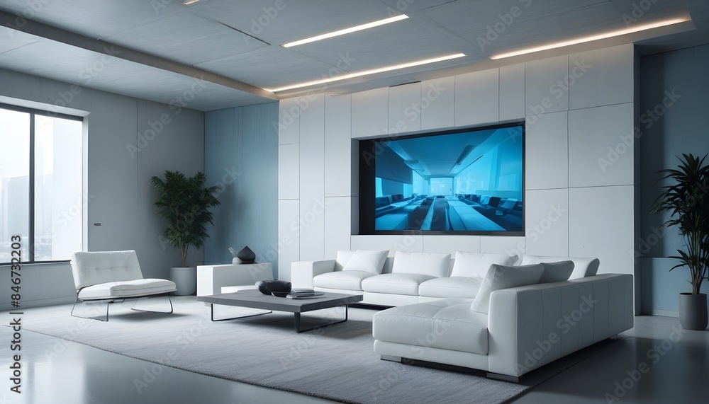 High end modern living room with white leather couch and a large flat screen tv mounted on the wall, brutalist architecture mixed with modern futuristic minimal design High end modern living room with white leather couch and a large flat screen tv mounted on the wall, brutalist architecture mixed with modern futuristic minimal design