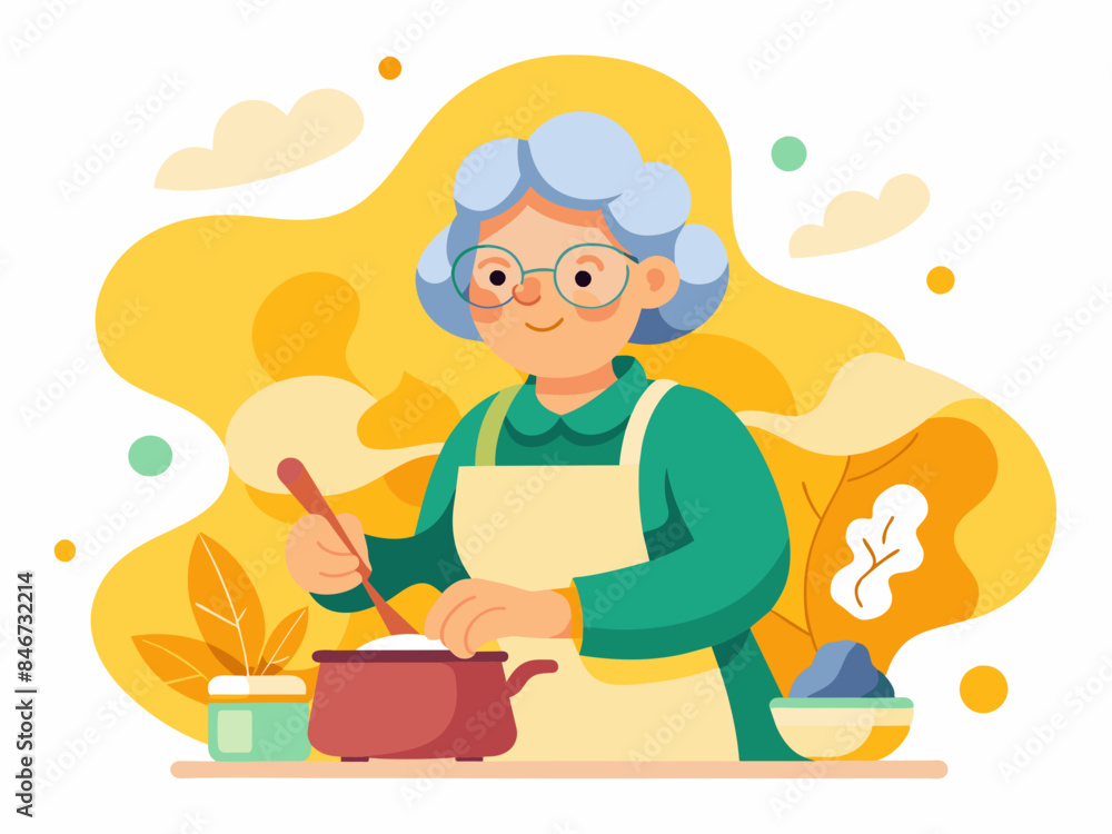 Grandma Cooking in the Kitchen - Senior Family Activity Vector Illustration Grandma Cooking in the Kitchen - Senior Family Activity Vector Illustration