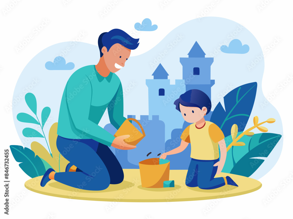 Man and child building a sandcastle with a detailed background, reflecting themes of family activities and beach fun. Man and child building a sandcastle with a detailed background, reflecting themes of family activities and beach fun.