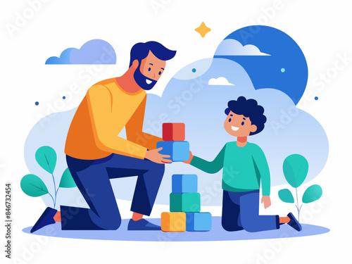Man and child playing with blocks with a detailed background, reflecting themes of family playtime and childhood activities.