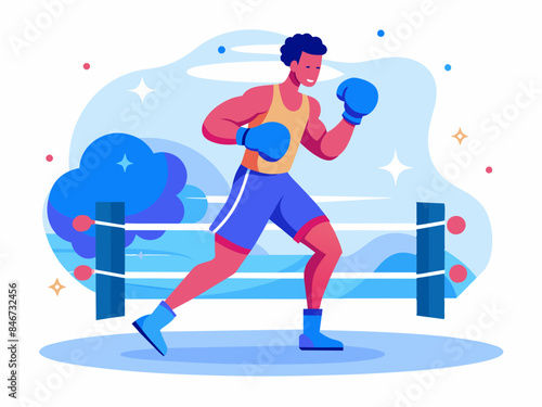 Man boxing in a ring with an abstract background, reflecting themes of sports and athleticism.