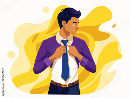 Man adjusting his tie with an abstract background, reflecting themes of professional attire and fashion.