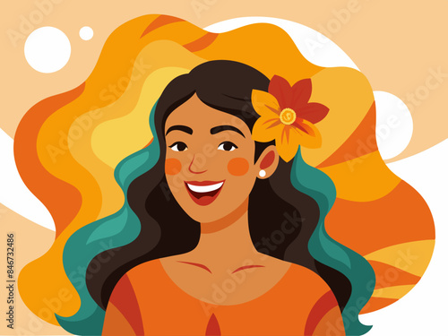 Latina woman with a flower in her hair, smiling, with a detailed background, reflecting themes of beauty and cultural expression.