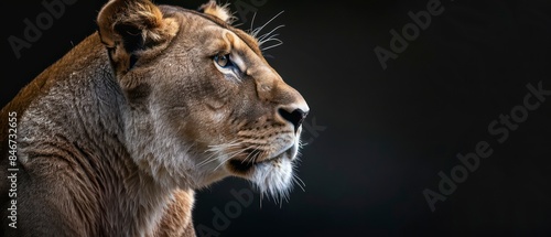 lion stands against the black backdrop, its gaze away, symbolizing the tranquil power of the night