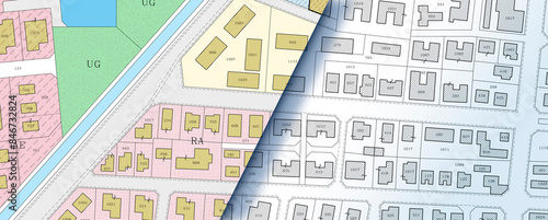 Imaginary Cadastral and General Urban Planning documentation - Zoning regulations, building codes with zoning districts, urban destinations, land use, buildable areas and land plot concept