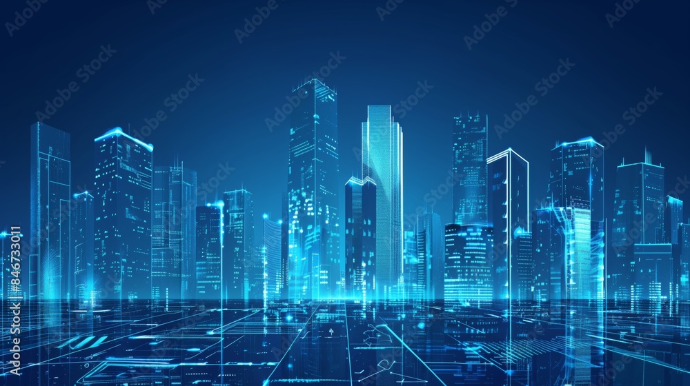 Modern Cityscape with Skyscrapers and Glass Buildings in Blue Shades Symbolizing Innovation and Technology. Representation of Digital Transformation in Real Estate Modern Cityscape with Skyscrapers and Glass Buildings in Blue Shades Symbolizing Innovation and Technology. Representation of Digital Transformation in Real Estate