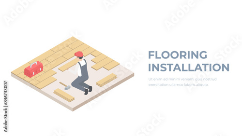 Floor installation isometry. Instal flooring concept, repair worker.