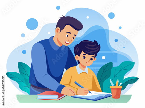 Man Helping His Child with Homework with Abstract Background - Vector Illustration