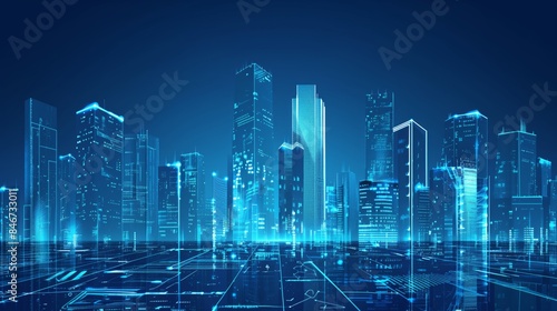 Modern Cityscape with Skyscrapers and Glass Buildings in Blue Shades Symbolizing Innovation and Technology. Representation of Digital Transformation in Real Estate