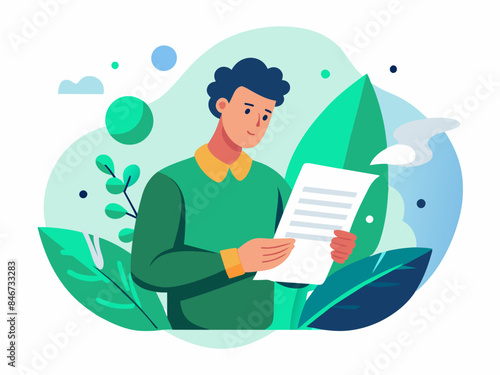 Man Reading a Contract with Abstract Artistic Background - Vector Illustration