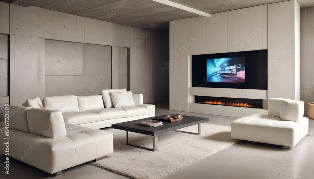 High end modern living room with white leather couch and a large flat screen tv mounted on the wall, brutalist architecture mixed with modern futuristic minimal design High end modern living room with white leather couch and a large flat screen tv mounted on the wall, brutalist architecture mixed with modern futuristic minimal design