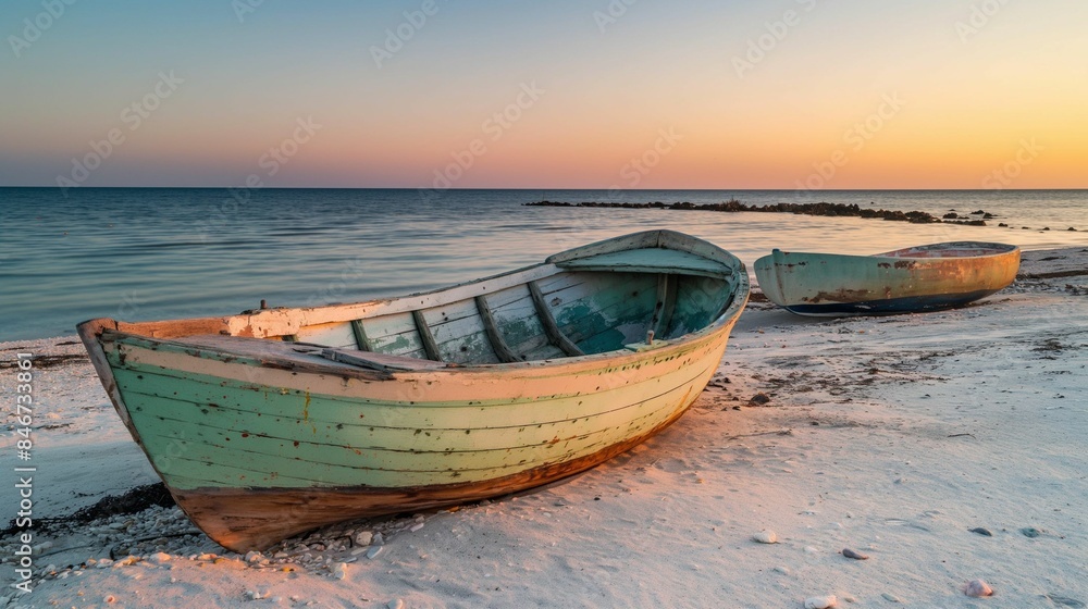 Two old wooden boats on sandy beach at sunset with calm ocean and clear sky. Two old wooden boats on sandy beach at sunset with calm ocean and clear sky.