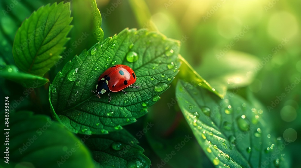 Fototapeta premium Ladybug on a green leaf with water droplets in sunlight.