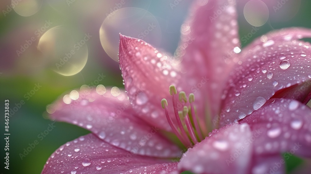 Pink flower with water droplets on petals in soft focus. Pink flower with water droplets on petals in soft focus.