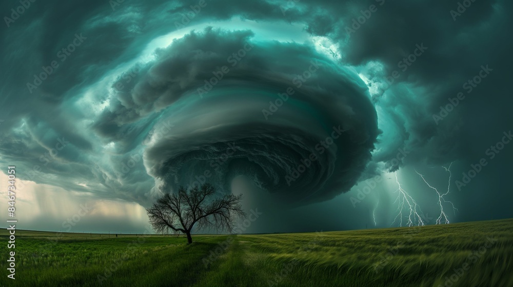 Massive tornado forming over a field with lightning strikes and dark ...