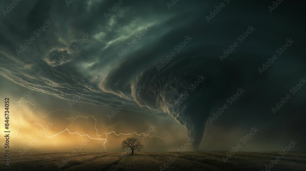 Massive tornado forming over a field with lightning strikes and dark ...