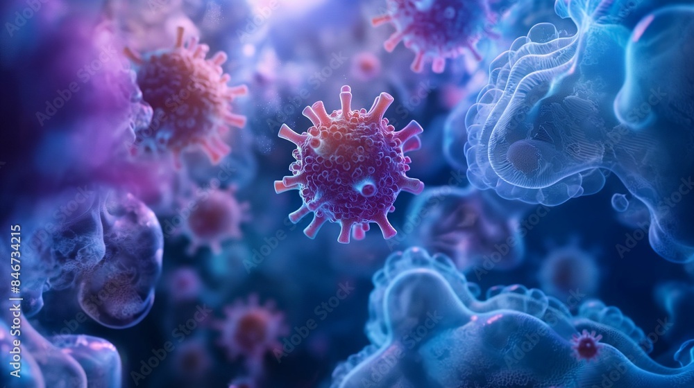 Obraz premium Microscopic view of virus particles in a blue and purple environment.