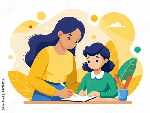 Mother teaching her child to draw with a detailed background, suitable for themes of education and family bonding.