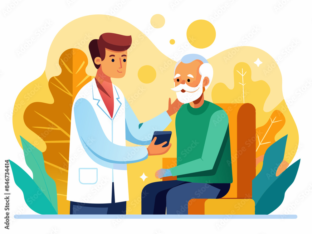 Vector illustration of an old man visiting a doctor with a detailed background. For themes of healthcare, medical visits, and senior care. Vector illustration of an old man visiting a doctor with a detailed background. For themes of healthcare, medical visits, and senior care.