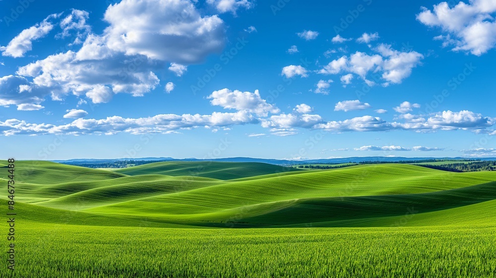 Obraz premium Vast green field under a blue sky with scattered clouds and distant hills.