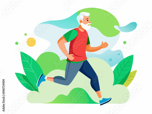 Vector illustration of an old man jogging with an abstract background. For themes of fitness, exercise, and senior health.