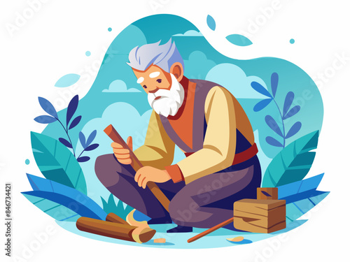 Vector illustration of an old man whittling wood with an abstract background. For themes of craftsmanship, hobbies, and senior leisure activities.