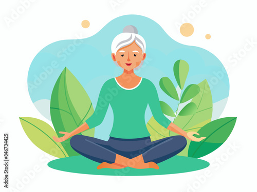Vector illustration of an old woman doing yoga with an abstract background. For themes of fitness, wellness, and senior activities.