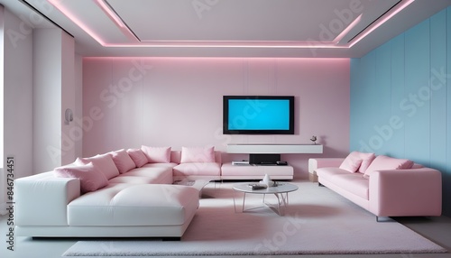 High end modern living room with white leather couch and a large flat screen tv mounted on the wall, brutalist architecture mixed with modern futuristic minimal design