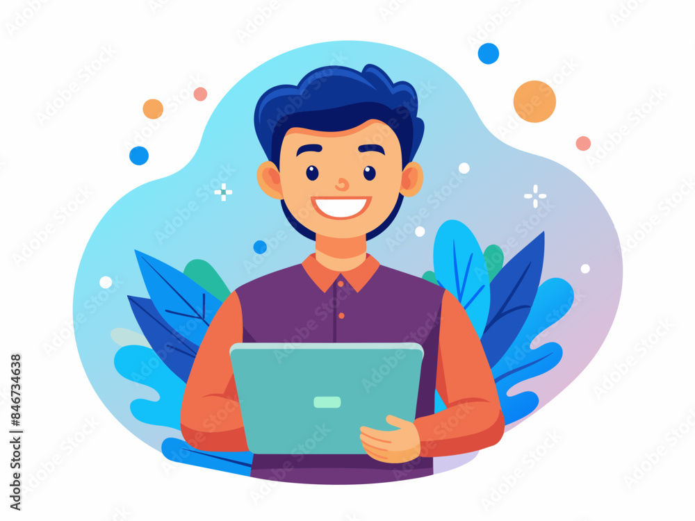Southeast Asian Man Holding a Laptop and Smiling - Technology and Confidence Vector Illustration Southeast Asian Man Holding a Laptop and Smiling - Technology and Confidence Vector Illustration