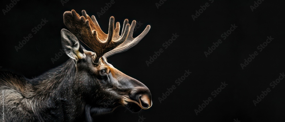 Fototapeta premium moose gazes into the distance against a black background, its presence commanding and serene