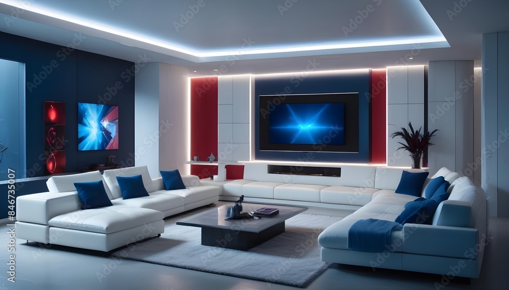 High end modern living room with white leather couch and a large flat screen tv mounted on the wall, brutalist architecture mixed with modern futuristic minimal design High end modern living room with white leather couch and a large flat screen tv mounted on the wall, brutalist architecture mixed with modern futuristic minimal design