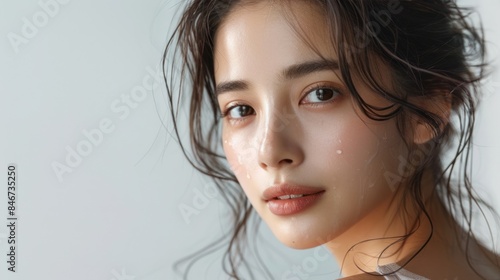 A beautiful young Asian woman with clean skin gently touching her shoulder against a white background Cosmetology skincare beauty and spa