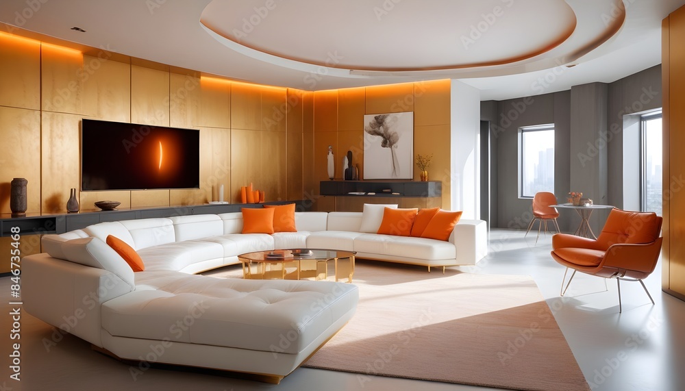 High end modern living room with white leather couch and a large flat screen tv mounted on the wall, brutalist architecture mixed with modern futuristic minimal design High end modern living room with white leather couch and a large flat screen tv mounted on the wall, brutalist architecture mixed with modern futuristic minimal design