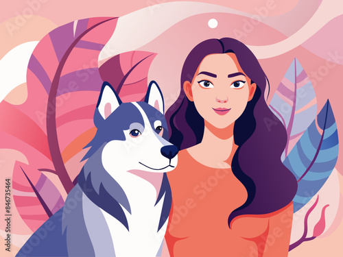 Woman and Alaskan Malamute Dog - Abstract Soft Hue Background Vector Design