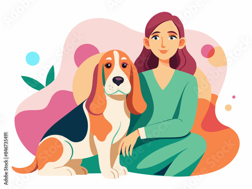 Woman and Basset Hound Dog - Abstract Soft Hue Background Vector Art