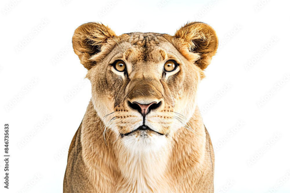 Close-up portrait of a lioness on a white background. Close-up portrait of a lioness on a white background.