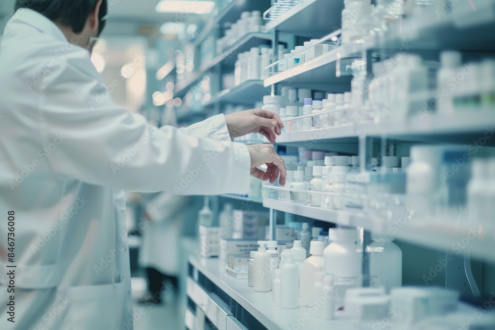 Close up of pharmacy shelf and reaching for medicine for the shelves and pick up product Close up of pharmacy shelf and reaching for medicine for the shelves and pick up product