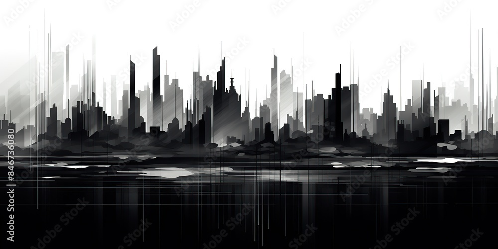 Fototapeta premium Graphic art draw paint ink grey watercolor building town city landscape background scene