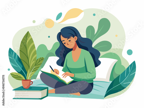 Woman Journaling in Bed - Abstract Soft Hue Background Vector Design